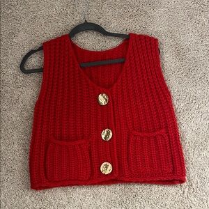Zara Red V-Neck Sweater Vest with Gold Buttons